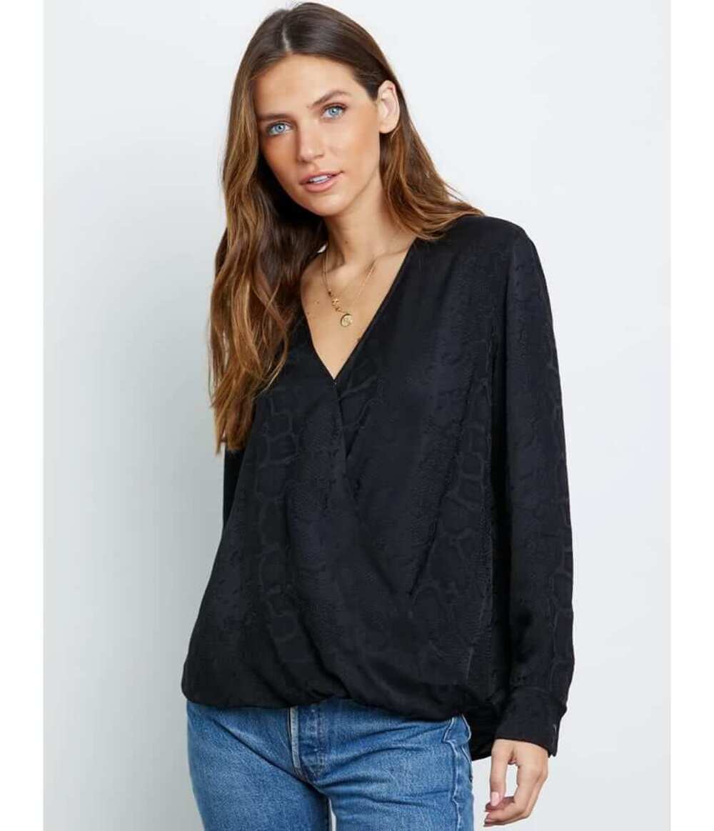 Rails Top Hillary Snakeskin Jacquard Faux Wrap Crossover Sheen Black Size XS